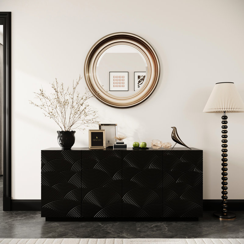 Buffet moderne avec une conception unique de l'eau, finition noire, 4 portes, idéal pour le salon Buffet élégant - aux lignes et aux vibrations minimalistes, amplement d'espace de rangement