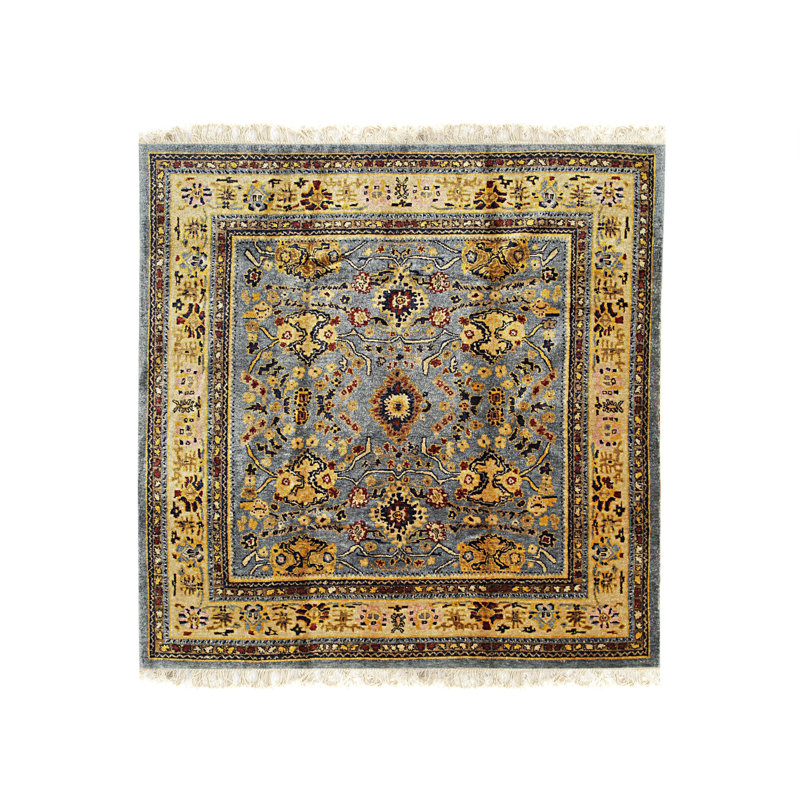 Tapis bleu noué à la main, Carré 9 pi x 9 pi