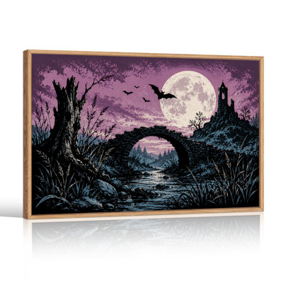 Pont de pierre et tour en ruine sous une lune violette - Toile murale d'Halloween