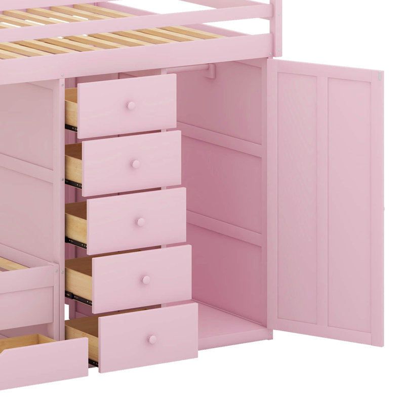 Lit superposé double avec garde-robe et tiroirs, lit superposé moderne en bois massif et garde-corps de sécurité, Rose Sakura