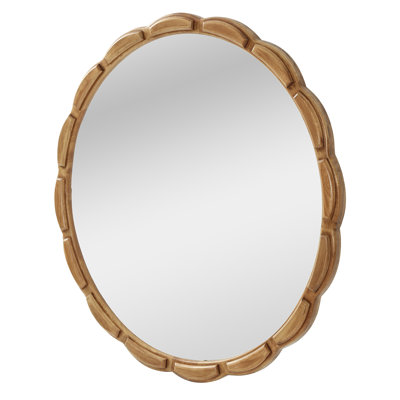 31.5 in. Light Brown Solid Wood Round Wall Mirror, Rustic Farmhouse Carved Wooden Bathroom Mirror for Living Room & Entryway