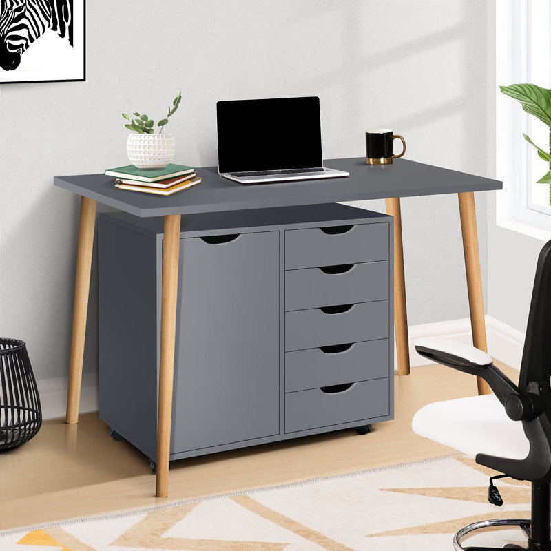 Coheman 24" Home Office Filing Cabinet with 2 Shelves, 5-Drawer Mobile Wood File Cabinet, Under Desk Rolling Storage for Documents, Clothes & Craft Supplies, Space-Saving Design