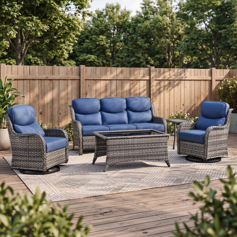 Ensemble 5 pièces de canapé de patio et de chaises pivotantes en osier avec table basse, Bleu, Gris