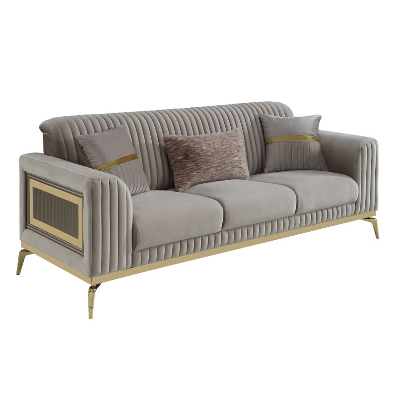 Canapé de style contemporain Antigua en bois avec accents dorés et taupe, Taupe