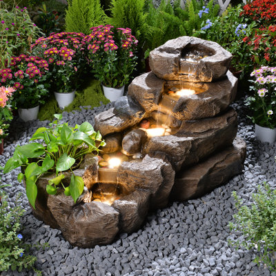 38.2" L Garden Water Fountain Outdoor, 5 Tiered Rock River Waterfall Fountains Natural Water Feature Floor Standing Water Fall Fountains Outside With Led Light For Patio, Backyard, Landscape (brown)