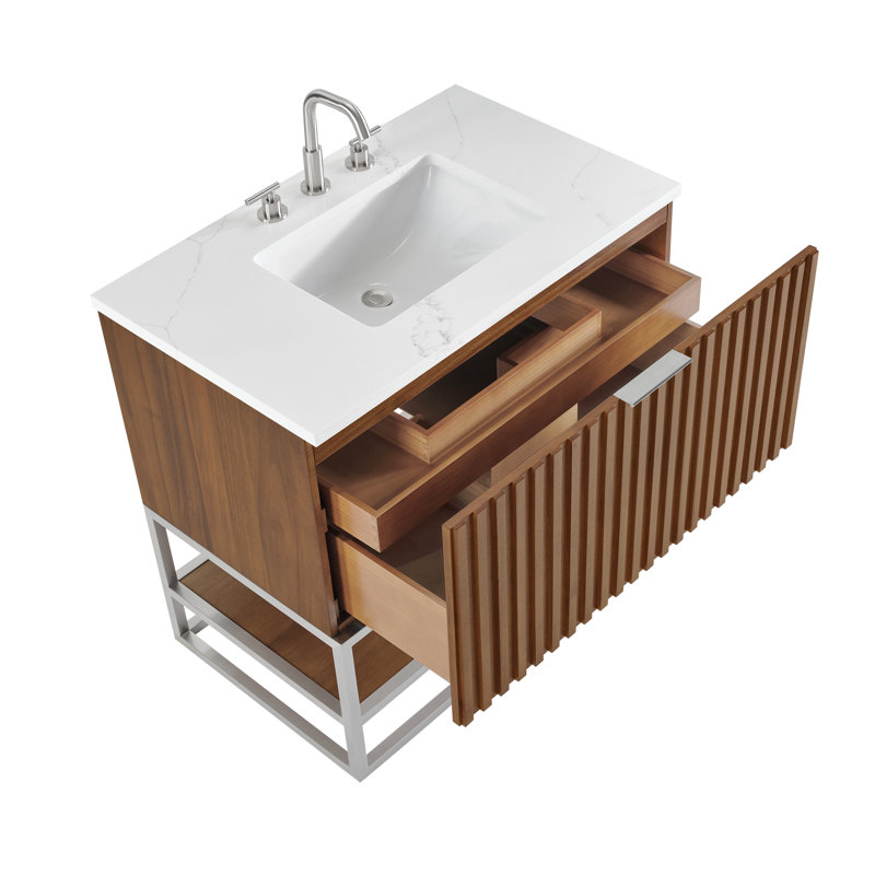 Terra 36'' Single Bathroom Vanity with Top, White Quartz/Single Faucet Mount, Walnut, Satin Brass