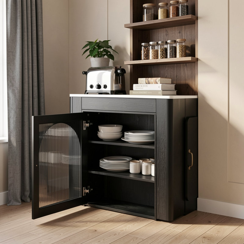 Table de salle à manger extensible avec 3 rallonges amovibles, îlot roulant, prises de courant, armoire de rangement, noir et marbre blanc