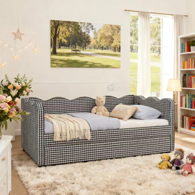 Daybed With Trundle, Twin Size Sofa Bed, No Box Spring Needed, USB Port, Adorable Wave Shaped, Linen Fabric