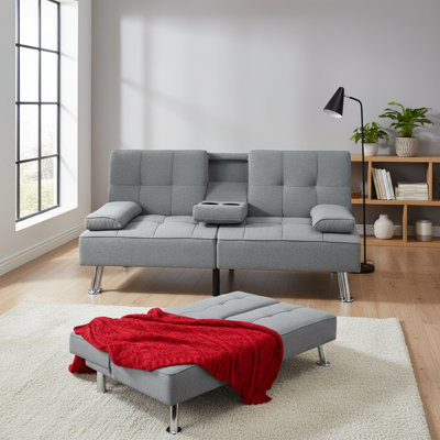 Gray Linen Modern Folding Sofa Bed, Apartment Style, With Removable Armrests, 2 Cup Holders, Suitable For Small Spaces. by Latitude Run