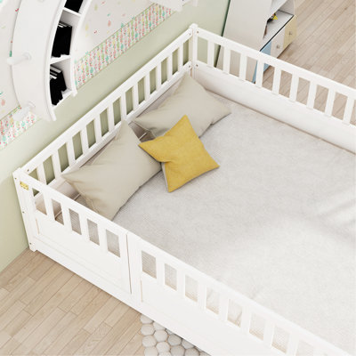 Full Solid Wood Montessori Floor Bed Frame with High Security Barrier, Latch Door, and Slat Support, White