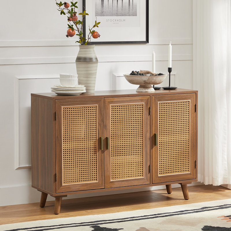 Hearn 109 cm Modern Wide Sideboard with 3 Rattan Doors, Walnut