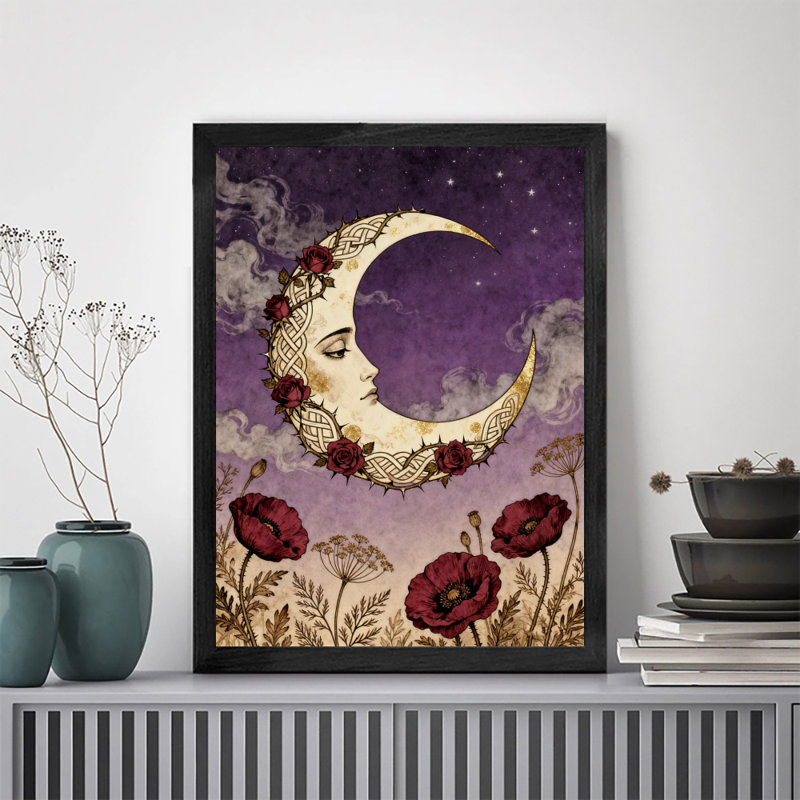 Reproduction d'art encadrée noire rétro fleur lune, H 25 po x l 17 po