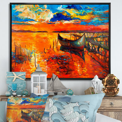 Bateau rouge et jetée, peinture murale décorative nautique et côtière