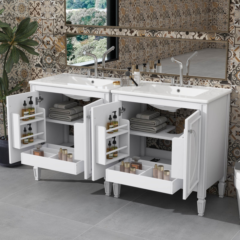 Ensemble de meuble-lavabo 60 po avec lavabo double 60 po, lavabo en céramique, portes à fermeture en douceur avec tablette