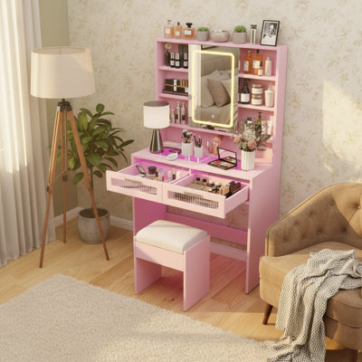 35.5" Pink Vanity Desk With Lights And Mirror, Small Makeup Station With Acrylic Drawers