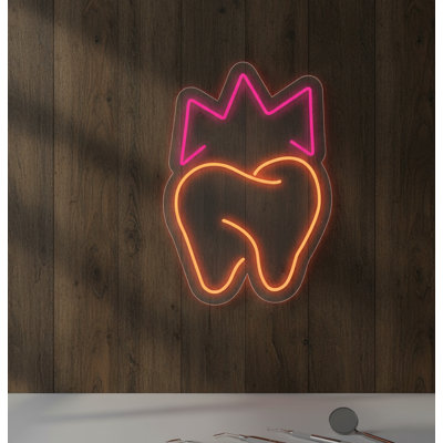  | Dent avec couronne en néon | Fabriqué avec un tube néon incassable durable qui émet une lumière vive vive pendant plus de 50 000 heures sans scintillement ni gradation | 24 x 17 | Rose et orange