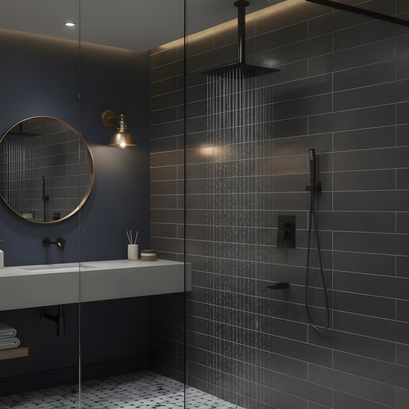 Système de douche carré de 12 pouces avec douchette cascade et douchette à fixation au plafond, Bronze huilé, bronze