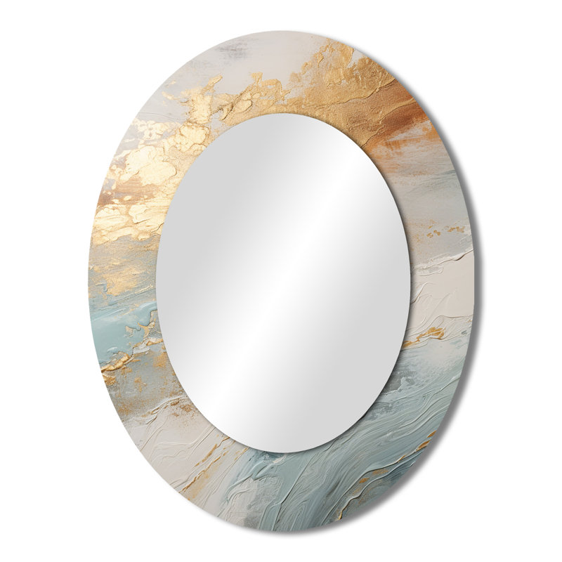 Golden And Blue Beach Tranquility IV - Coastal Oval Wall Mirror, 43" x 33"