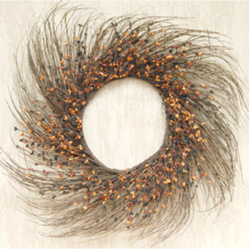 Couronne d'automne à pépins et vignes, H 22 po x l 22 po x P 4 po, Noir / rouille / crème