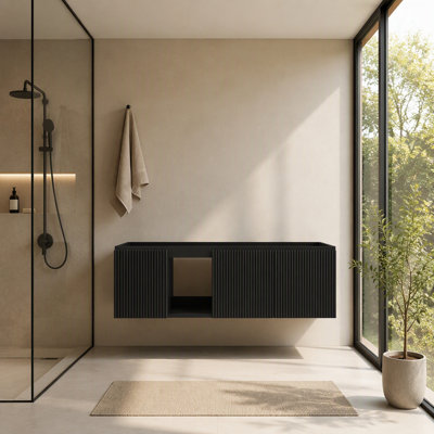 Armoire flottante de 48 pouces, trois portes rayées et une tablette ouverte, sans cuve et sans couvercle, sans robinet ni couvercle d'évier