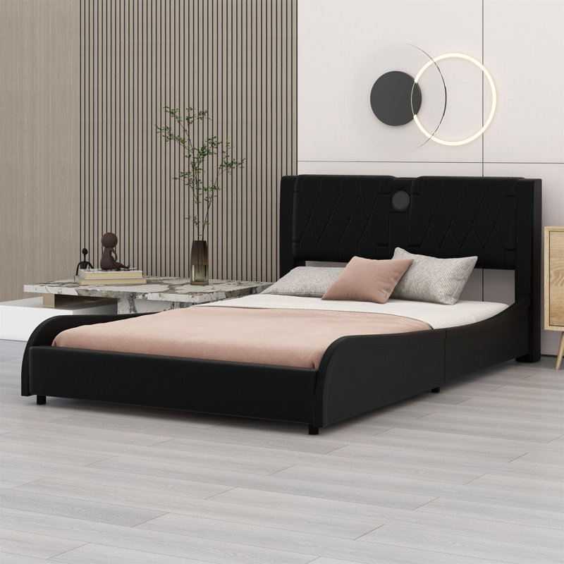 Upholstered Platform Bed With Thickened Headboard, Bluetooth Speakers And RGB LED Light, Black