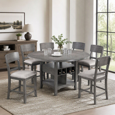 Ensemble de salle à manger contemporain 7 pièces avec table haute, plateau tournant, rallonge intégrée et 6 chaises hautes avec rangement pour cuisine