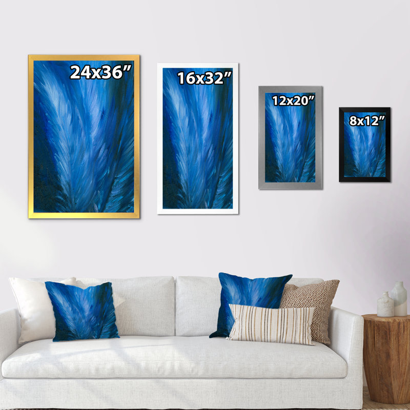 Plume bleue moderne - Peinture sur toile, Cadre photo blanc, H 12 po x l 8 po x P 1 po