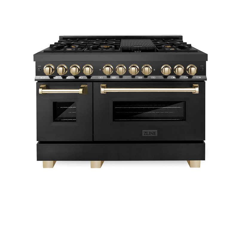 Cuisinière à double carburant ZLINE Autograph de 48 po en acier inoxydable noir et décorations, Or poli