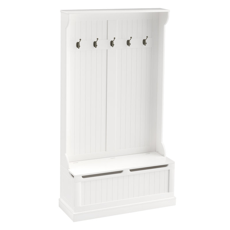 38" 3-In-1 Entryway Hall Tree With Storage Bench, Coat Rack With Four Hooks And Shoe Storage, White