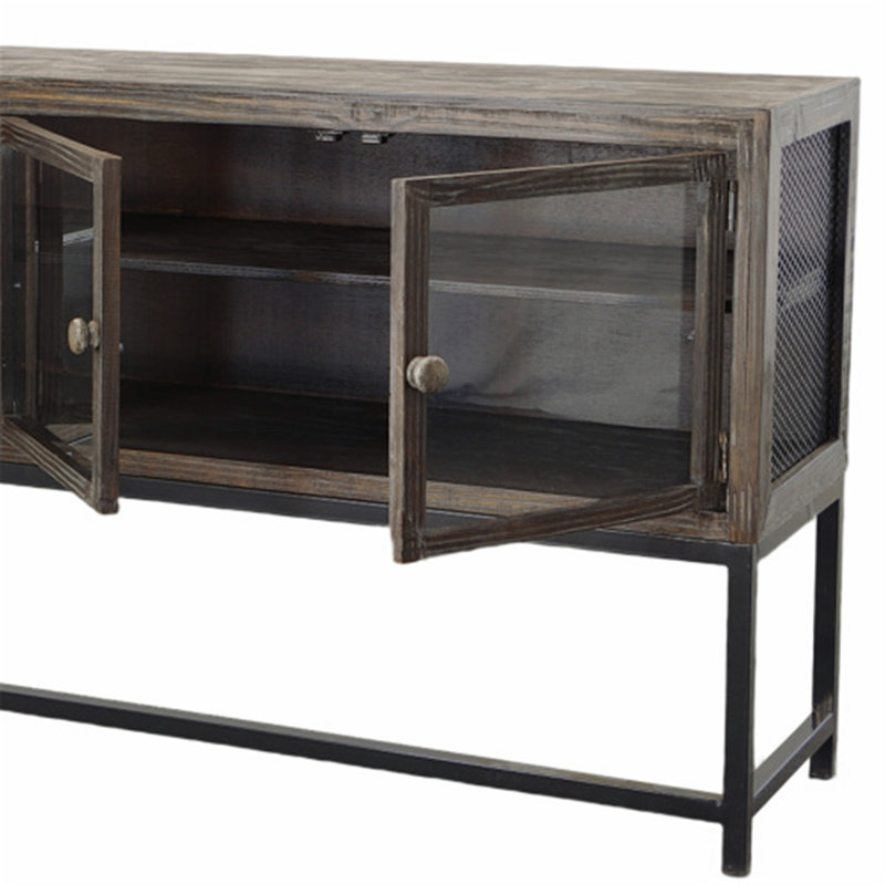 En bois avec 4 portes en verre et cadre en métal, brun et noir