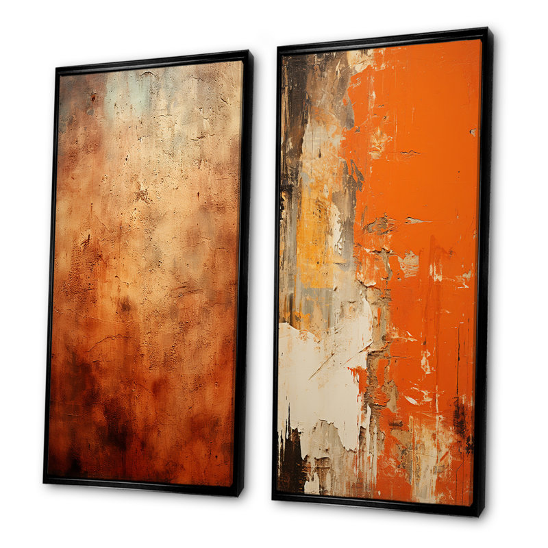 Orange abstrait Chaos de feu Art I - ensemble de 2 décorations murales peinture abstraite, Cadre flottant noir