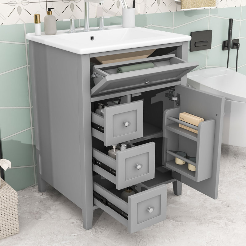 Meuble-lavabo de 24 po avec lavabo en céramique, tablettes réglables et 4 tiroirs, Gris