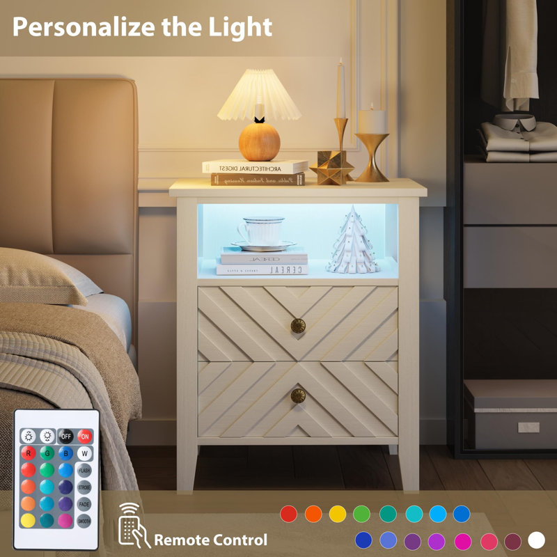 LED Night Stand with 2 Storage Drawers and Stable Wooden Leg,Farmhouse Nightstand w/V-Shaped Design & Open Storage Shelf