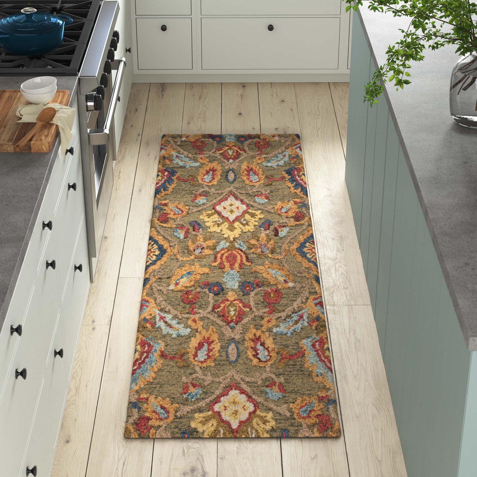 Tansy Handmade Wool Green / Multi Rug, Runner 2'3" x 8'
