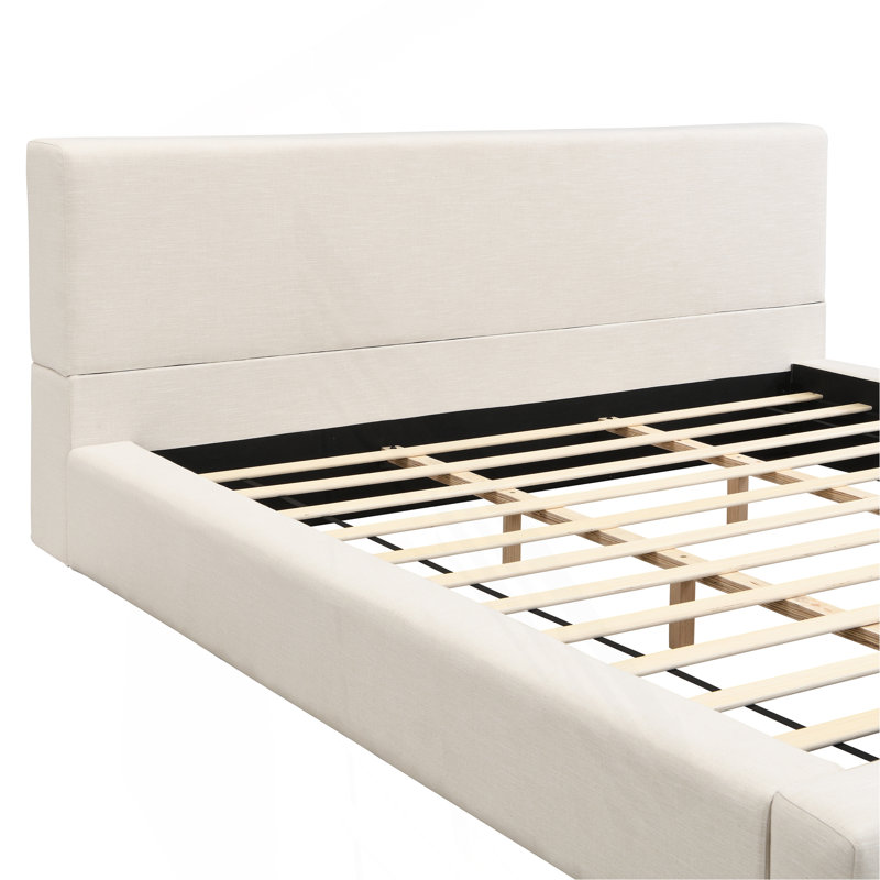 Lit plateforme tapissier avec tête et pied de lit en lin épais, beige