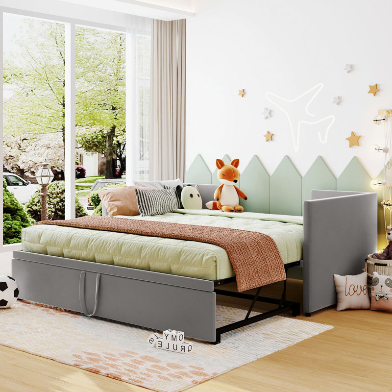 Upholstered Daybed With Pop Up Trundle, Gray