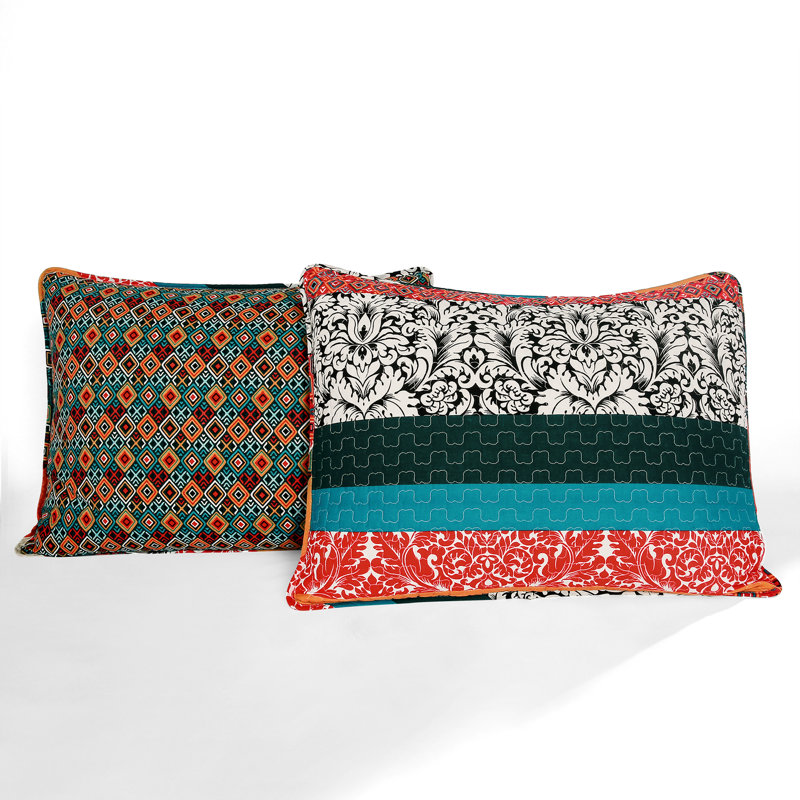 Boho Stripe Turquoise Tangerine Reversible Cotton Full Quilt Set