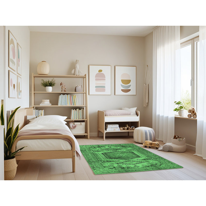 Tapis oriental en laine / polyester tissé à la machine en vert / gris / noir, Rectangle 4 pi x 6 pi