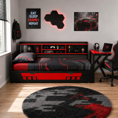 Lit de jeu une place avec bureau, étagères de rangement, éclairage DEL, station de recharge et bibliothèque, noir et rouge.