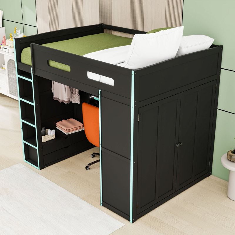 Full Wooden Loft Bed With RGB LED Light, Wardrobe, USB Port And Desk, Cloud Blue