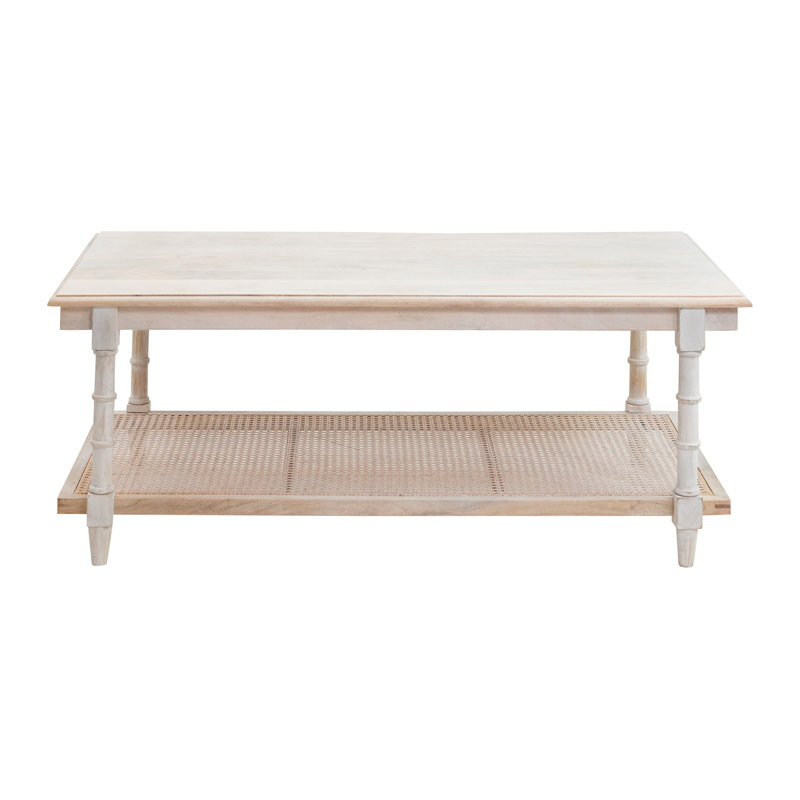 Elegant White 24x42x18 Inch Coffee Table with Open Rattan Shelf Storage, Whitewash