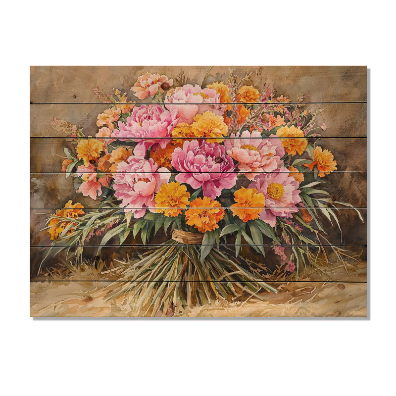 Bouquet de pivoines d'été II - décoration murale en bois de pivoines - sur bois de pin naturel, H 34 po x l 44 po x P 0,78 po