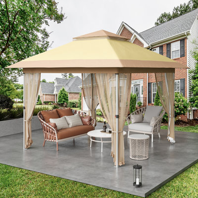 Abri de jardin portatif robuste de 12 pi x 12 pi avec double toit ventilé, rideaux et moustiquaire, abri de patio rapide avec sac à roulettes pour le jardin, la pelouse ou la cour