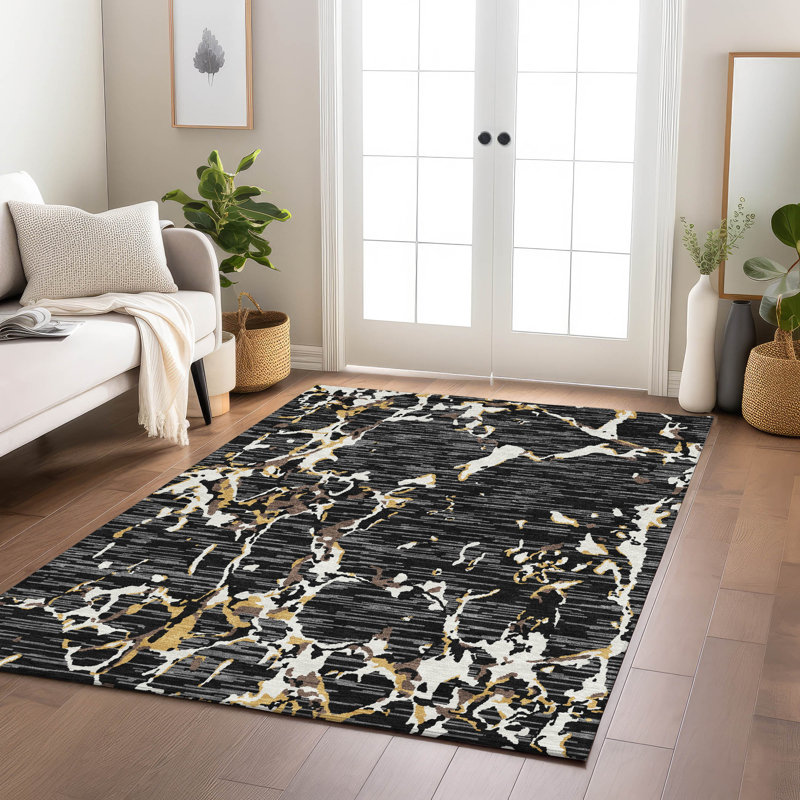 Red Abstract Synthetic Washable Non-Slip Rectangular Rug 3' x 5'
