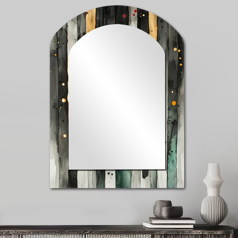Gold Green Ethereal Optical Currents I - Fauvism Arch Large Mirror, Modern Asymmetrical Decorative Wall Mirror, Printed Metal Art
