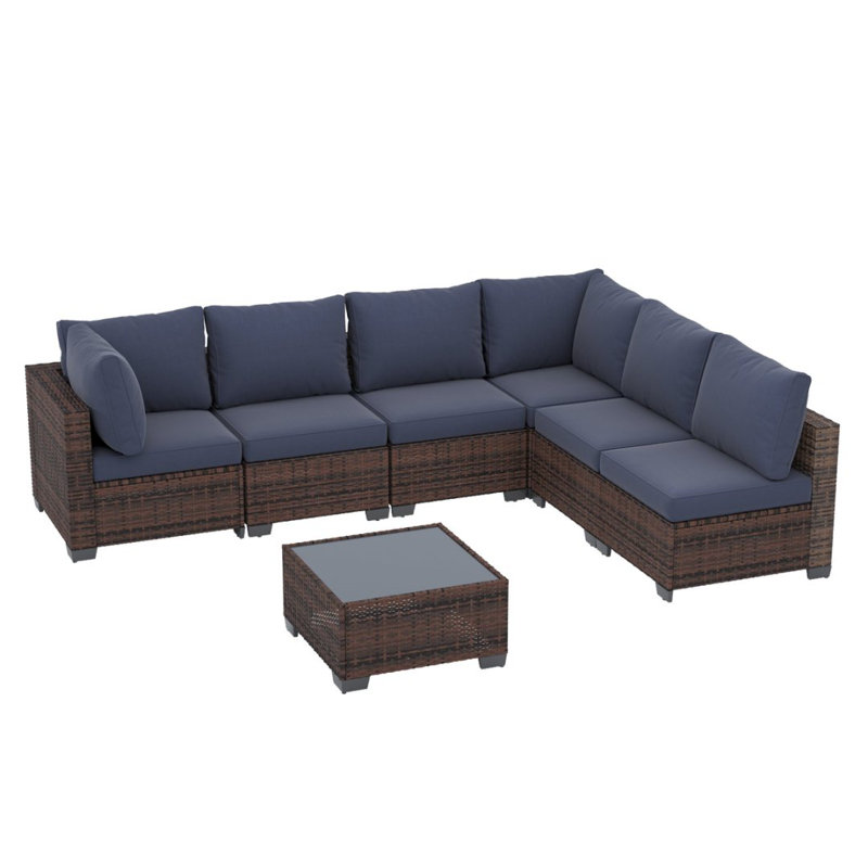 Ensemble de meubles de patio 7 pièces, ensemble de canapé modulaire en osier, ensemble de conversation modulaire en rotin avec coussins, ensemble de canapé et table basse pour l'extérieur, jardin, balcon, porche