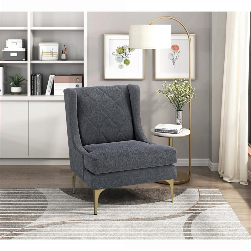 Fauteuil à oreilles avec accoudoirs de salon en chenille gris froid avec pieds en métal doré, Grey