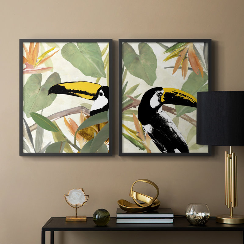 «Parrot in the Leaves I», reproduction encadrée de qualité supérieure - prête à être accrochée - aucun clou requis - aucun clou requis