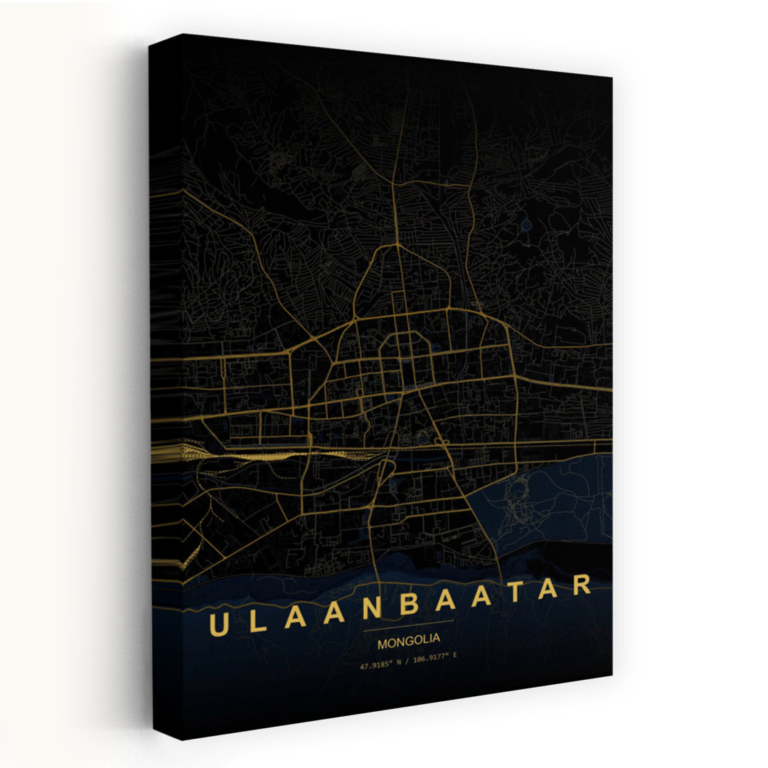 Golden Ulaanbaatar Map Abstract Geometric Minimalist City Wall Art Print