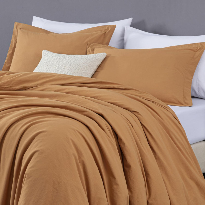  Solid Color 100% Washed Cotton Duvet Cover Set , King Duvet Cover + 2 King Shams, Caramel